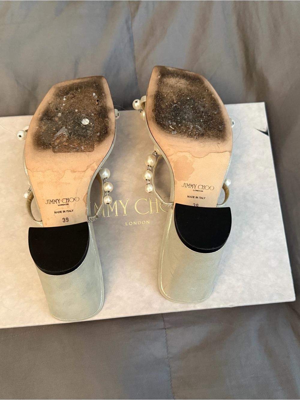 Jimmy Choo Pearl-Embellished Ivory Block Heel Sandals - Picture 6 of 8